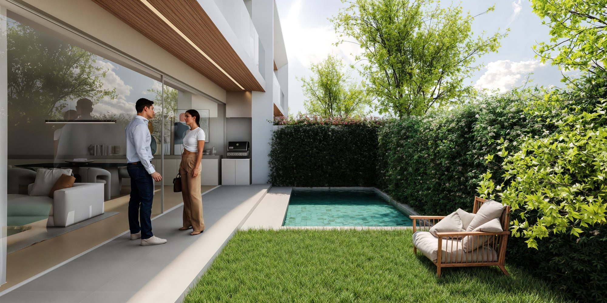 Fachada e jardim da moradia