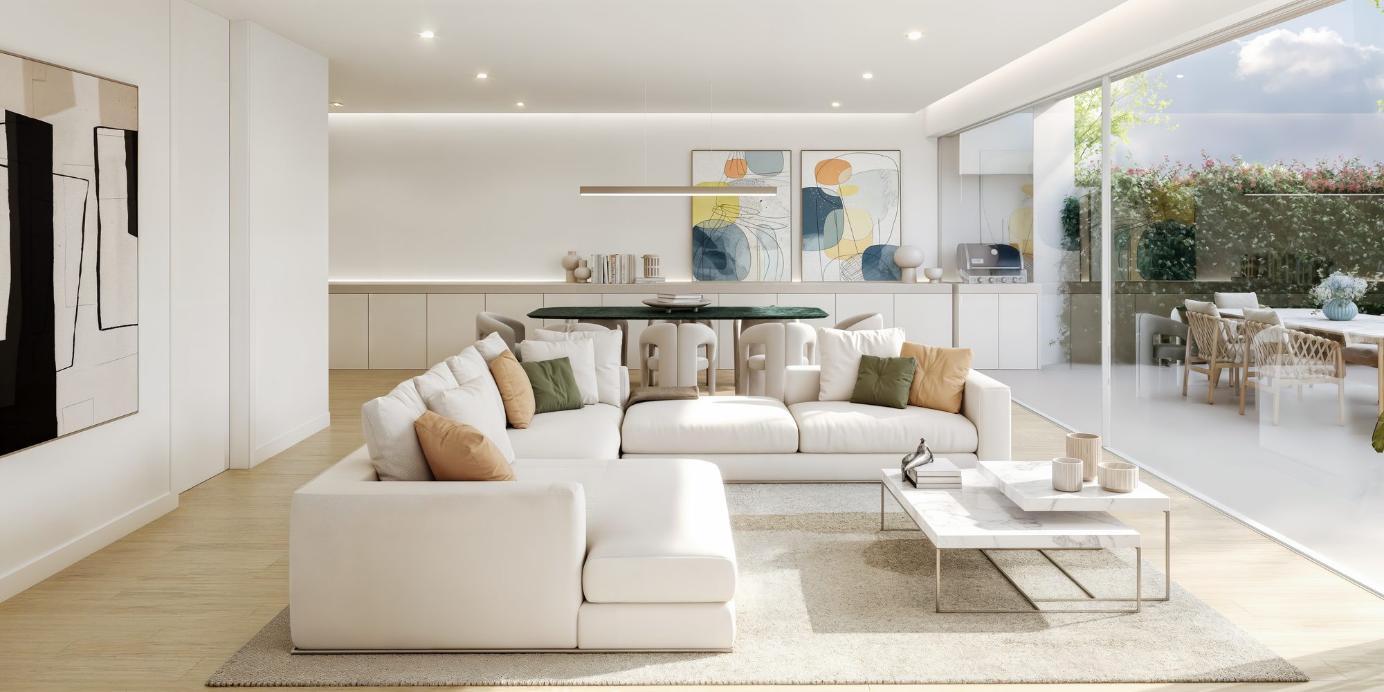Sala de estar com envidraçado sobre o jardim